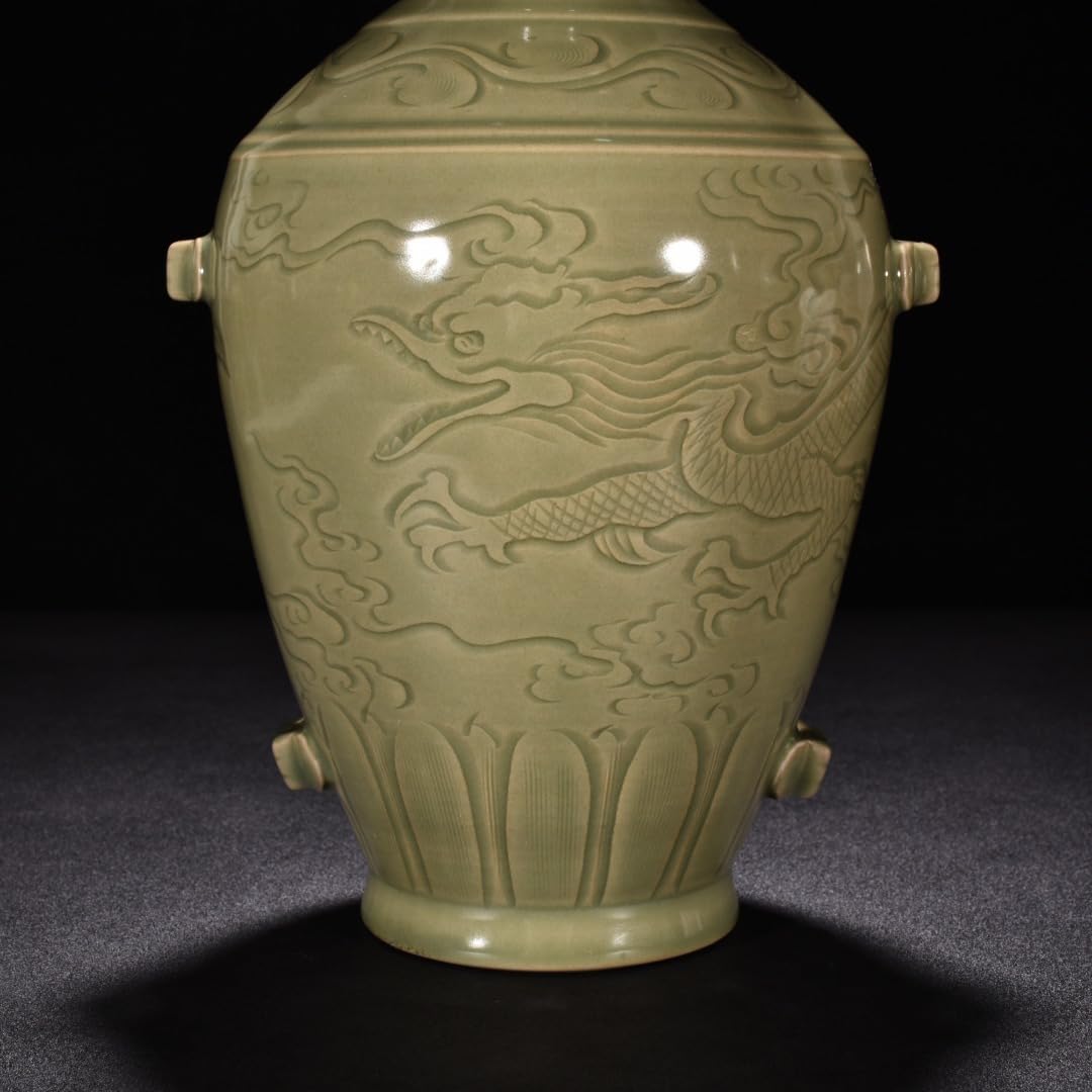 Amazon.co.jp: 五代秘色越窯 青磁 刻龍文盤口瓶 唐物 陶磁器 中国美術