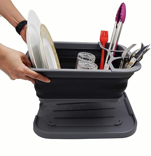 Miniatura 2 de SAMMART Escurridor de platos plegable con bandeja, juego de escurridor plegable, organizador de vajilla portátil, bandeja de almacenamiento de