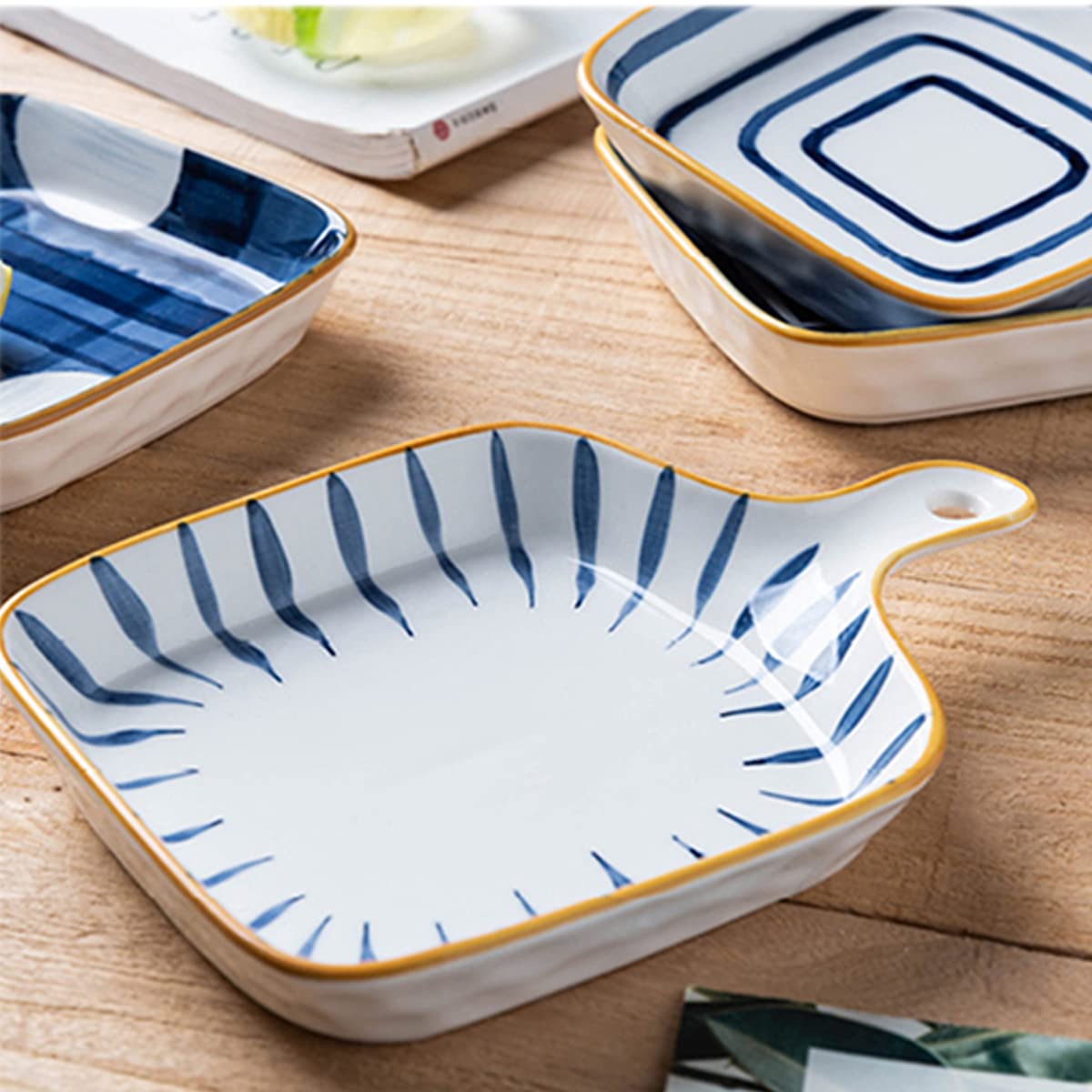 Lasagne schotel, 2 stuks 9 x 5 inch rechthoekige keramische bakvormen met handvat, gekleurde kleine oven tot tafel bakschaal ideaal voor oven keramische bakpan lasagne braadpan individueel bakvormen