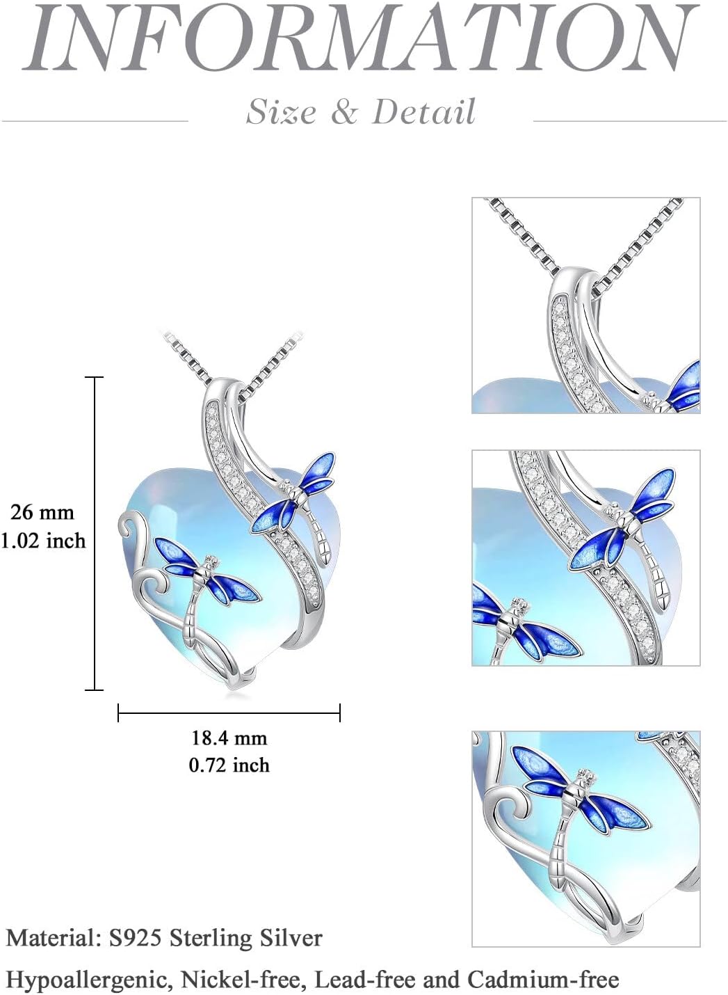 OCJ Dragonfly/Butterlfy/Turtle/Hummingbird Necklace for Women Sterling Silver Moonstone Pendant Necklace Jewelry Gifts for Women Wife Girlfrined Anniversary Birthday Mothers Day Gift for Mom