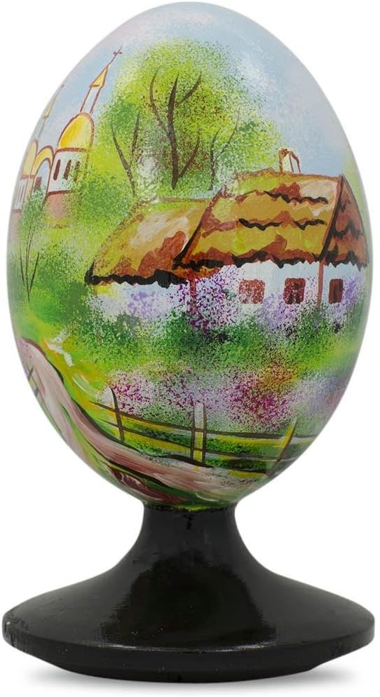 BestPysanky Ukrainian Village Scene with Church Wooden Easter Egg Figurine 4.75 Inches