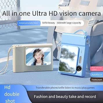 48MP 4K Compact Digital Camera with Dual Lens ABS Body 64G Memory for Students Travel and Everyday Photography in White Black Gray Pink Blue(Blue)