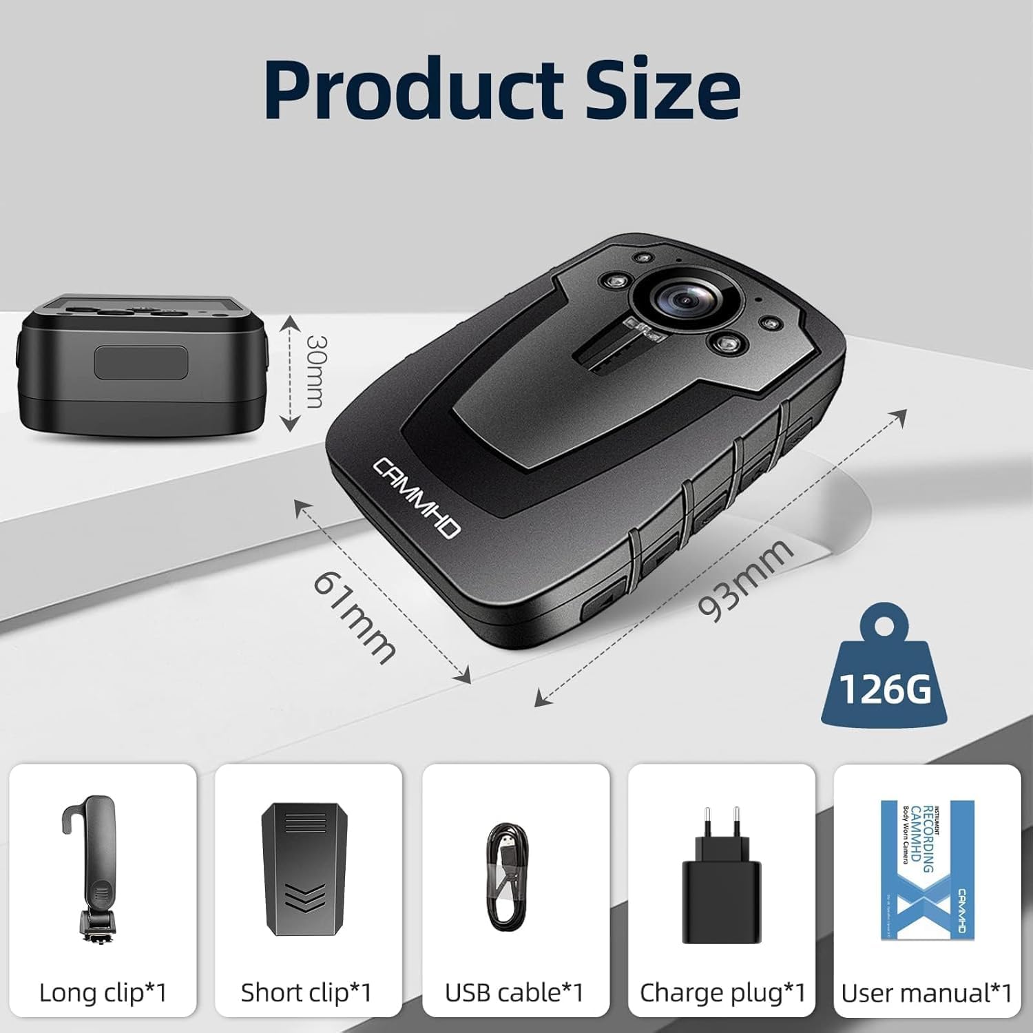 CAMMHD C8 Body Camera dimensions and included accessories