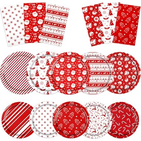 Gupesxu Red Christmas Paper Plates and Napkins Party Supplies, Disposable Christmas Poinsettia Santa Gingerbread Plates Napkins Tableware for Kitchen Bathroom Christmas Party Decorations Cover