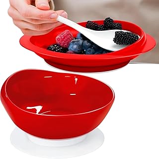Teller und Schale mit Hohem Rand, BPA-frei, Saugnapf, Anti Rutsch, Esshilfe, Randerhöhung für die Pflege von Behinderten und älteren Menschen (Rot, Schale + Teller)