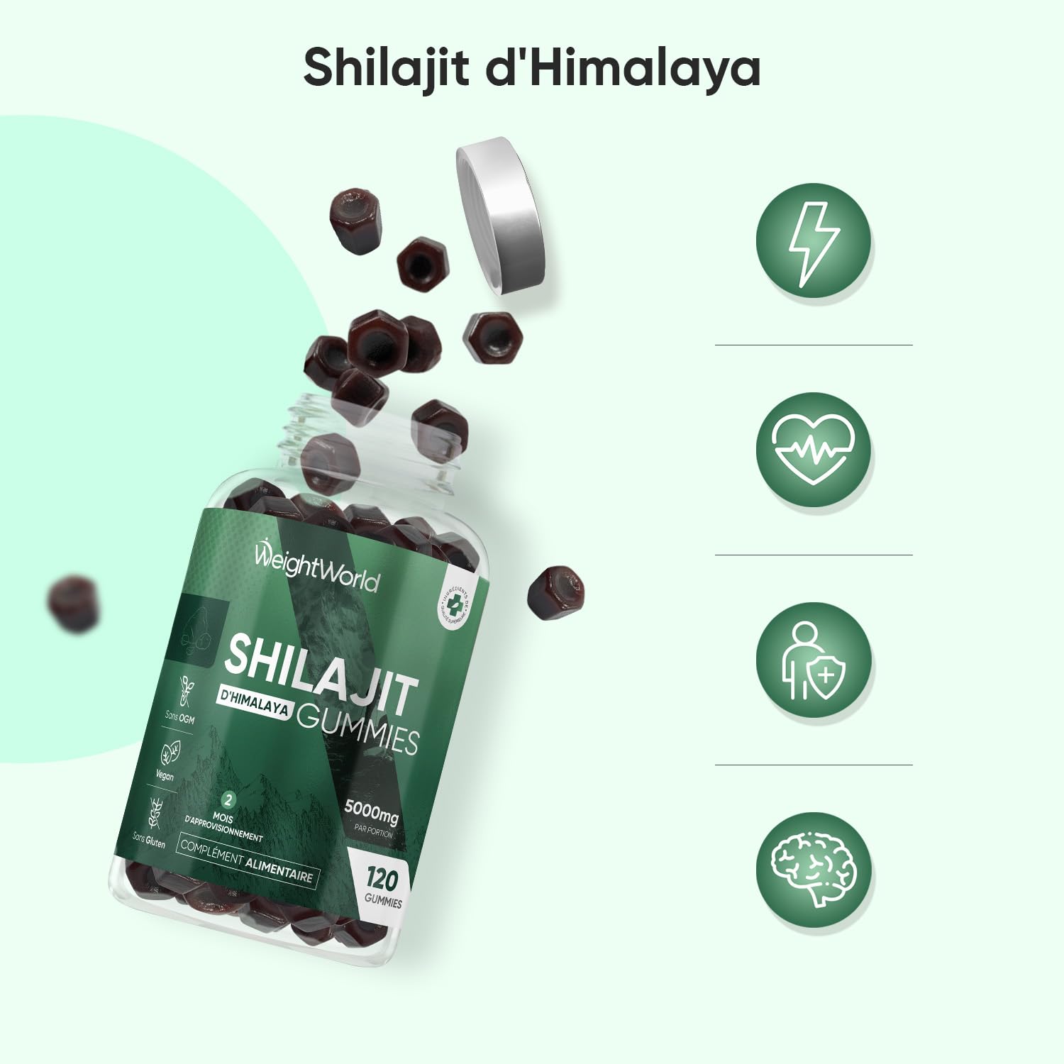 Shilajit Gummies 120 Vegan 5000mg Shilajit Himalaya Gummies avec Potassium, Vitamine A, Riche en +85 Minéraux, Acide Fulvique, Acide Humique, Alternative Resine d'Himalaya, Comprimés et Gélules