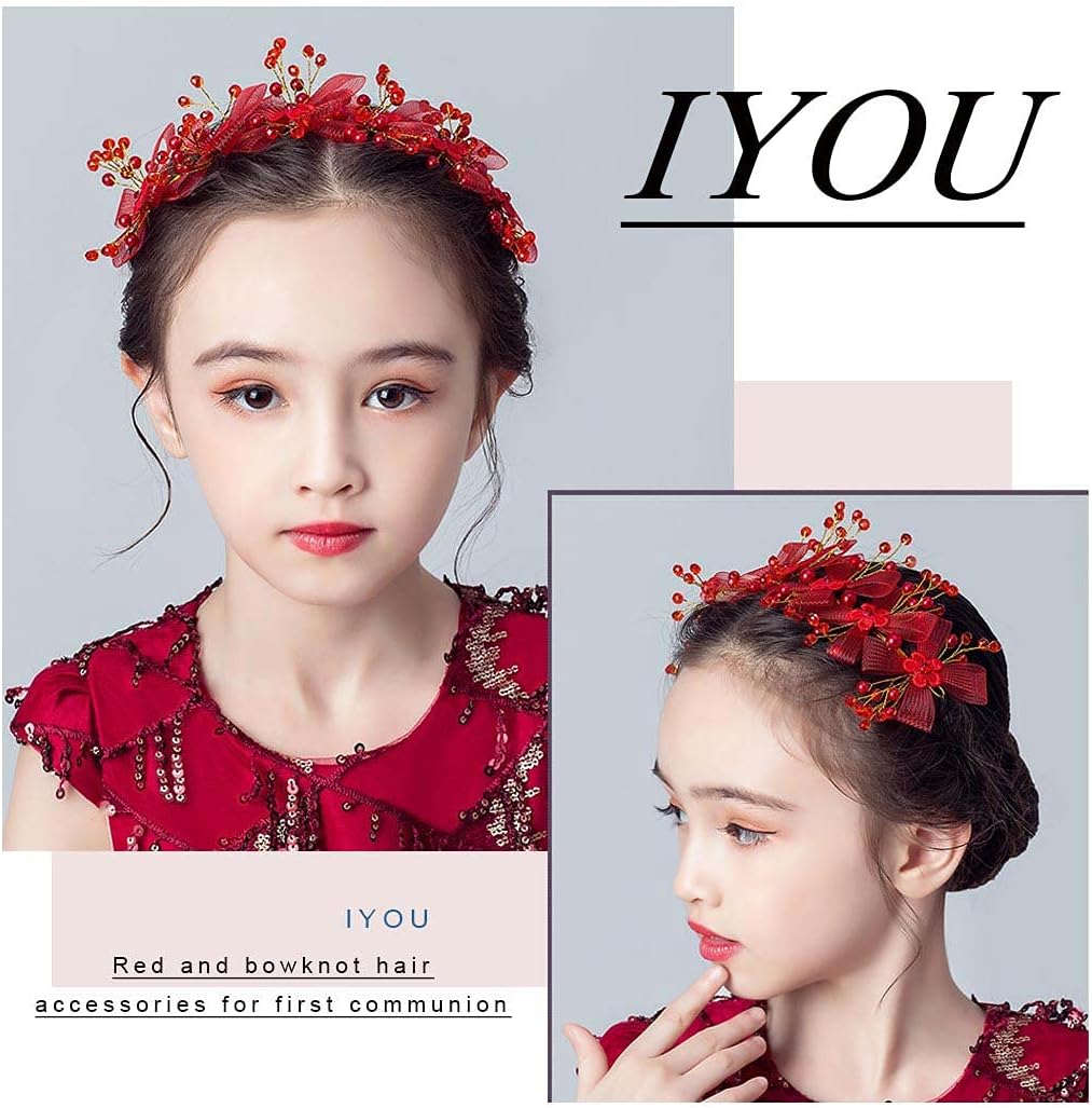 IYOU Floral Wedding Headpiece Red Crystal Bowknot Hair Dress Princess Flower First Communion Tiaras Hair Accessories for Flower Girls and Bridesmaid - Image 5