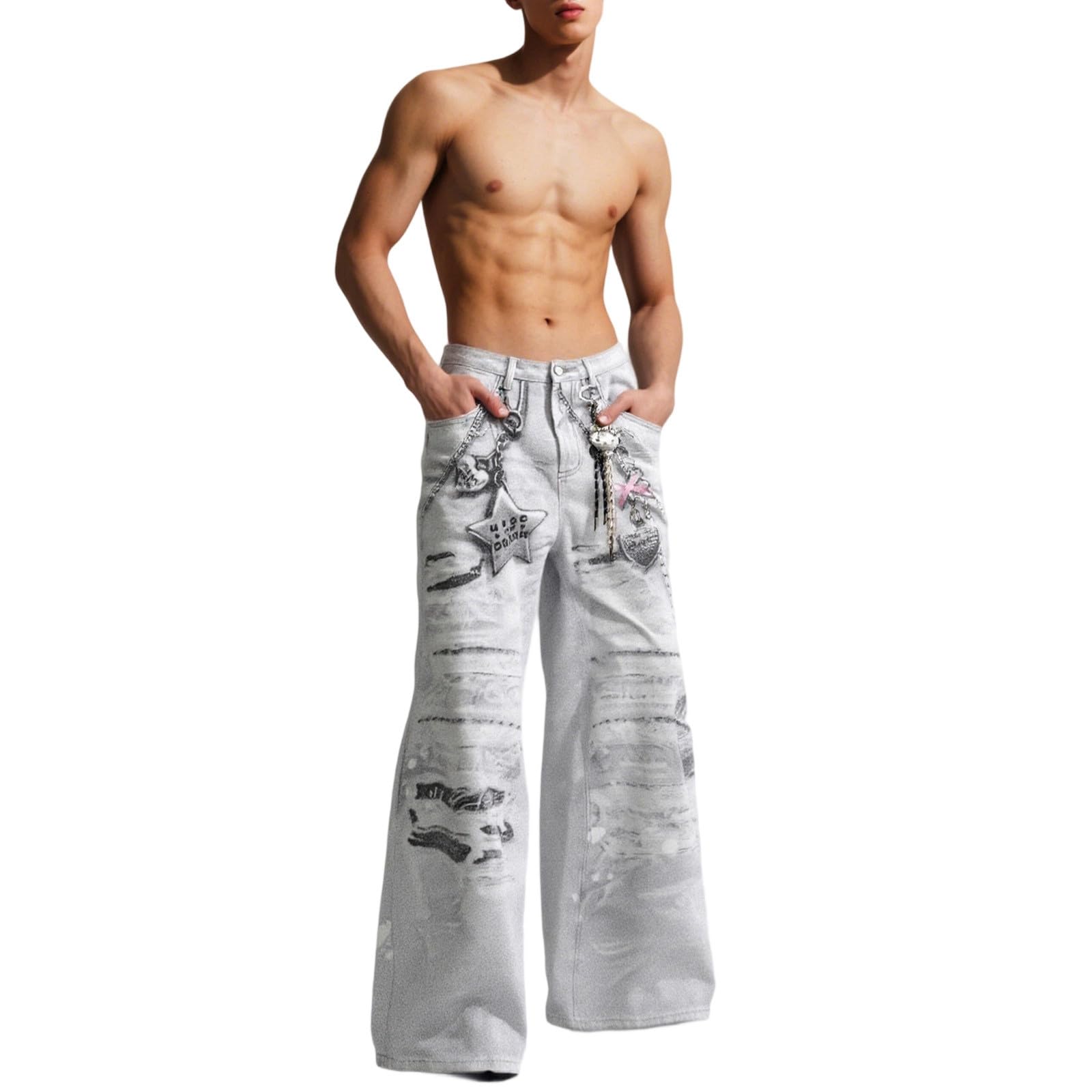 Generico Pantaloni Baggy Uomo, Pantalone Uomo Sportivi,Jeans da Denim con Stampa a Catena Dritti a Gamba Larga per Casual Elegante