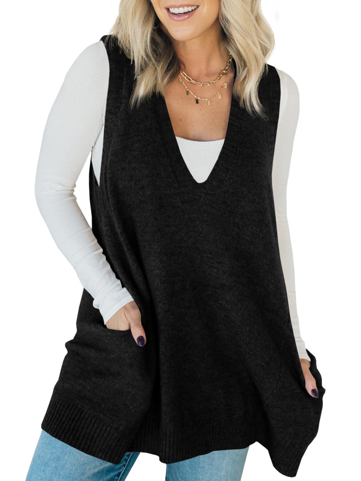 Saodimallsu Womens Sleeveless Sweater Vest V Neck Long Tunic Dress