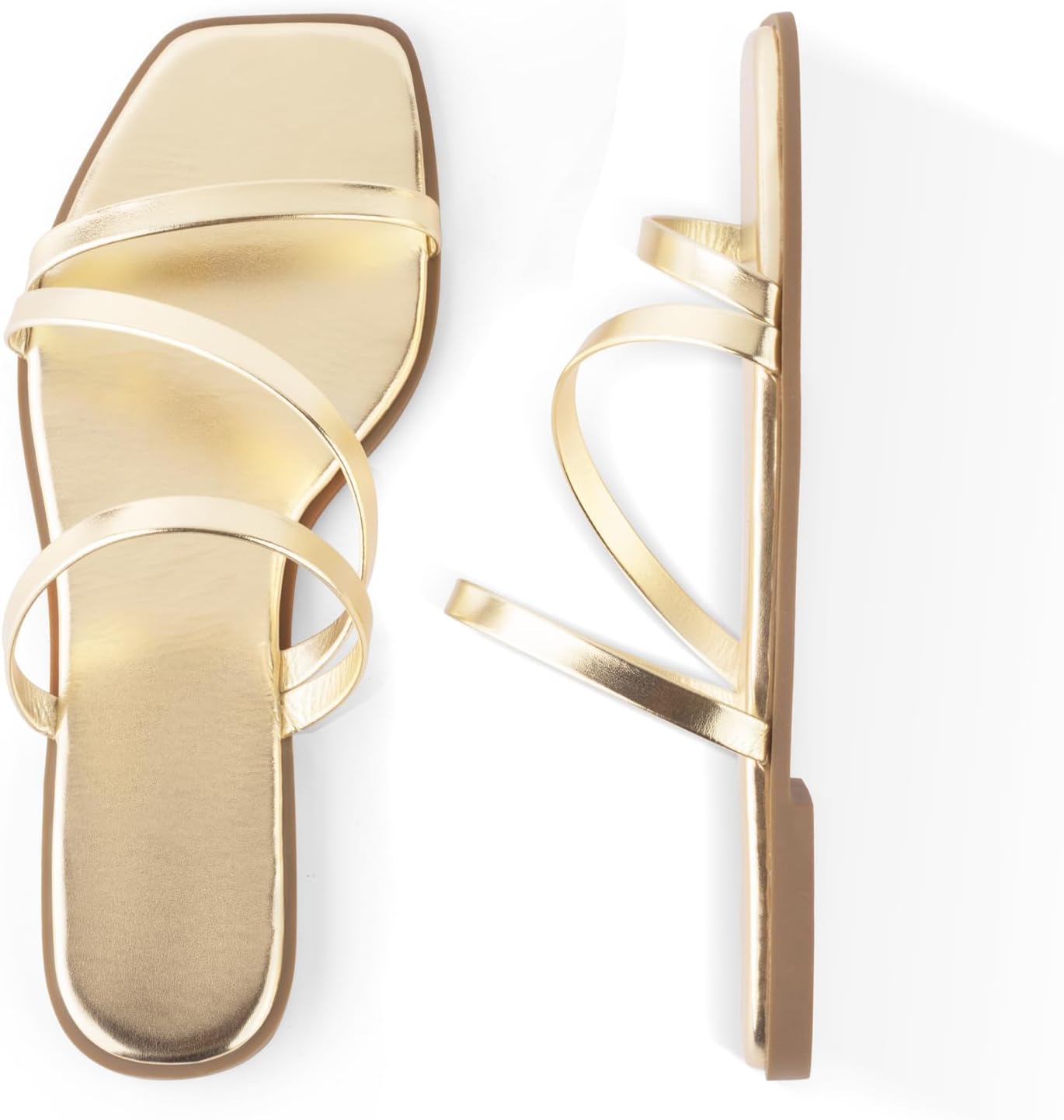 LACUONE Strappy Flat Sandals For Women Slip On Square Open Toe Slides Sandals