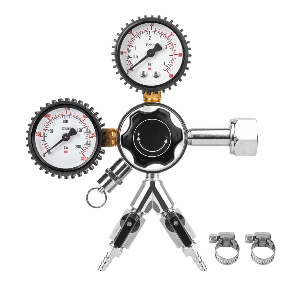 Gancowise CGA-320 Keg Regulator, Dual Gauge CO2 Pressure Regulator with Two 5/16â€™â€™ Barb, 0-60 PSI Working Pressure & 0-3000 PSI Tank Pressure