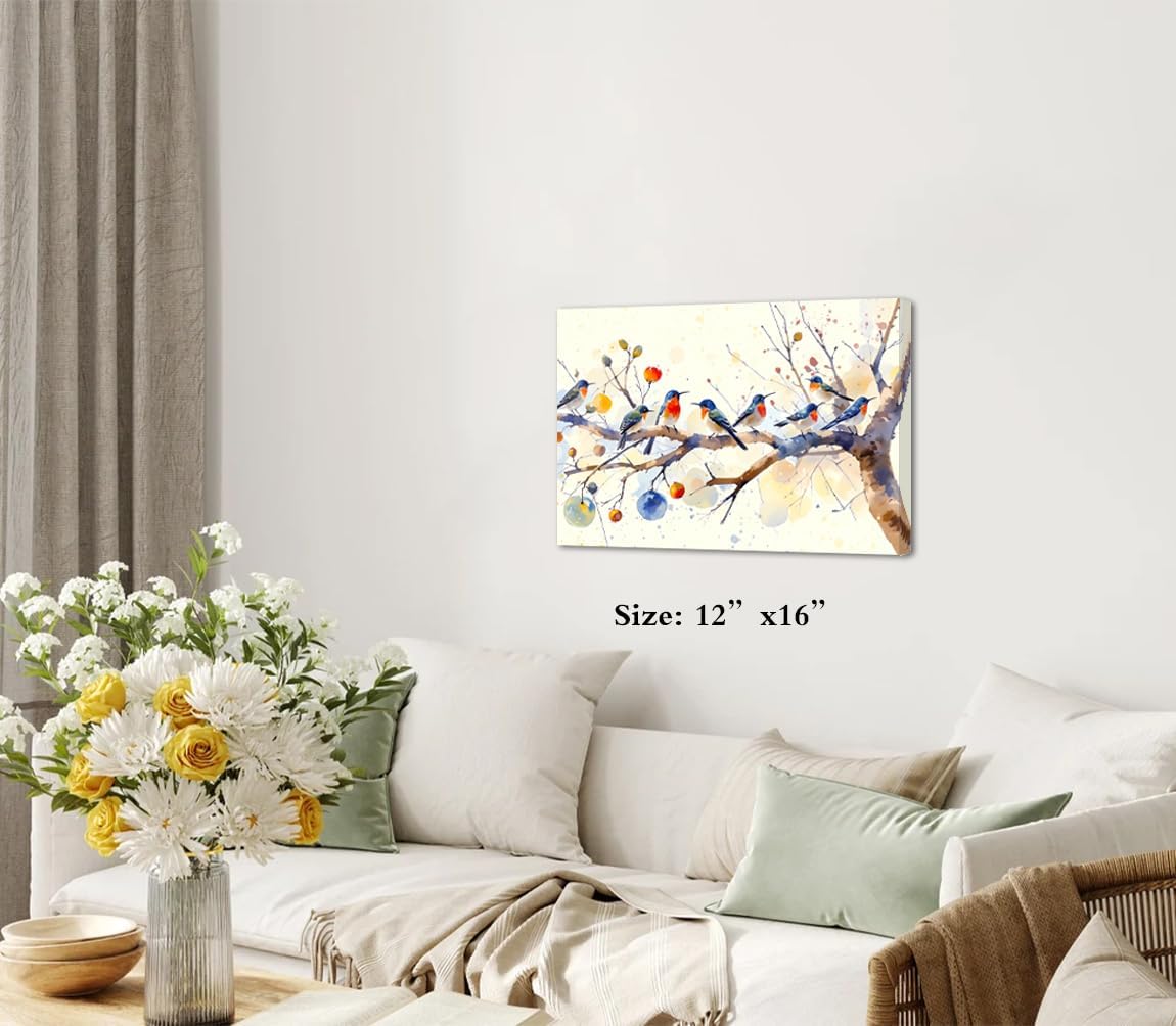 Framed Birds Canvas Wall Art,Bird Canvas Prints Home Decor,Birds On a Branch Wall Art,Rustic Farmhouse Botanical Wall Decor Bird Artwork for Bathroom Kitchen Home Decor(12"x16")