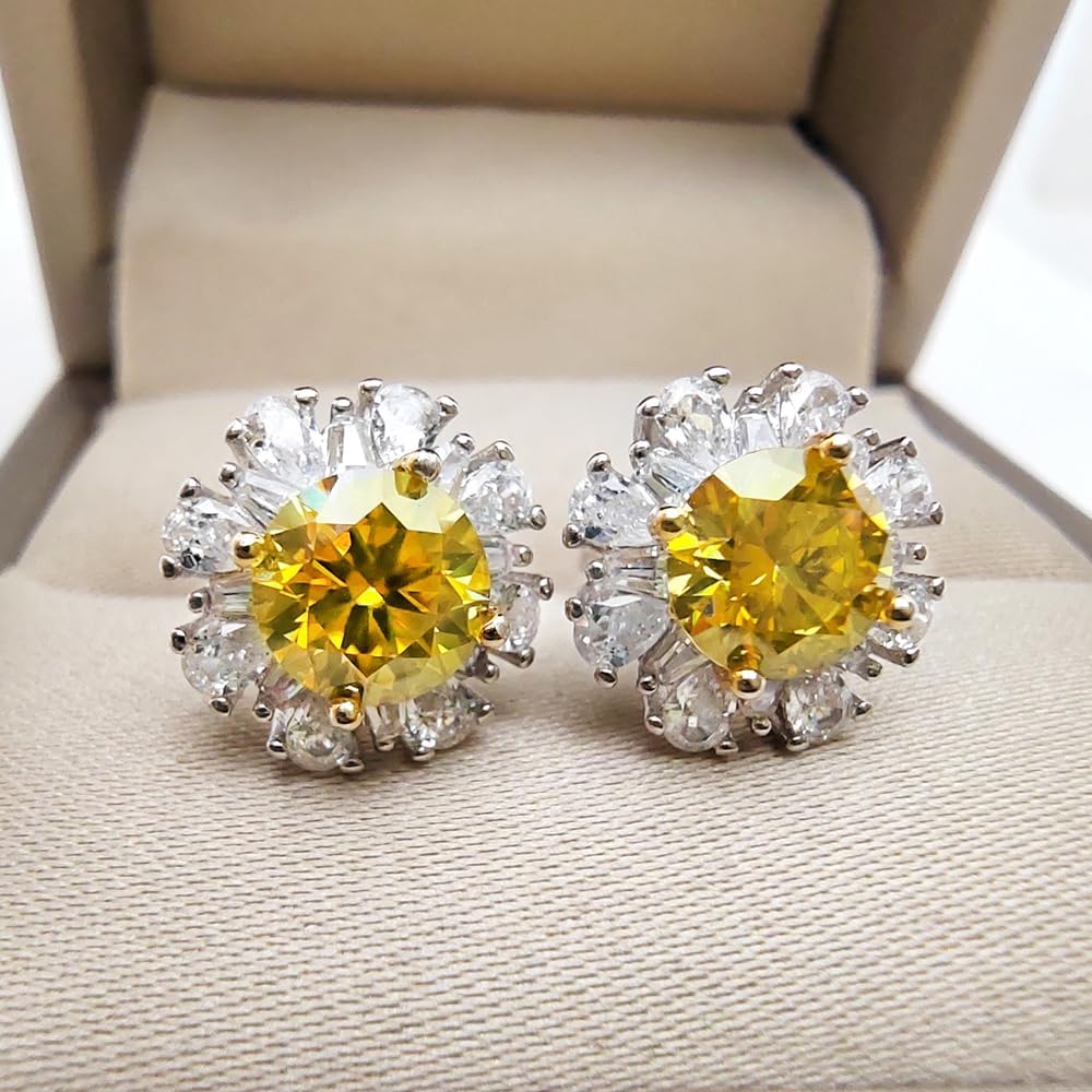 Yellow Moissanite Flower Stud Earrings for Women Total 2.0ct Round Cut Lab Created Diamond Push Back Earrings Jewelry 18K White Gold Plated Silver - Image 4