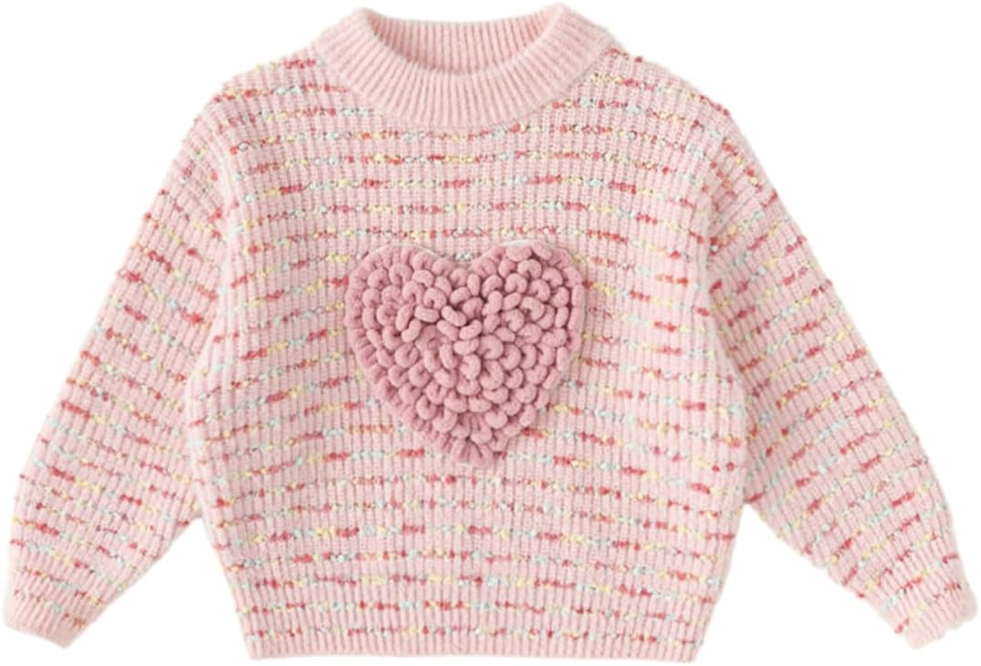 Irsutey Toddler Girls' Knitted Sweater Crew Neck Pullover with 3D Heart Appliqué & Speckled Knit for Little Girls