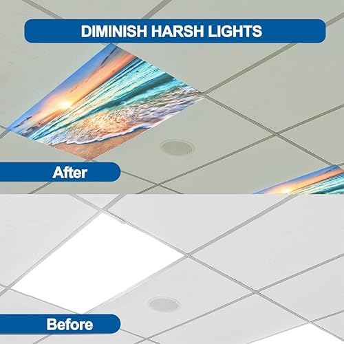 Miniatura 5 de Paquete de 6 cubiertas de luz fluorescente para luz de techo, cubiertas de luz de playa con salida del sol para aula, oficina, hogar, cubierta de