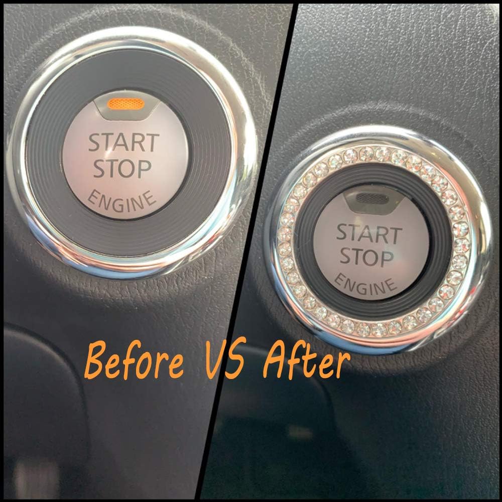 4PCS Crystal Rhinestone Universal Stem Covers with 2Pcs Car Shine Crystal Rhinestone Bling Sticker Emblem Ring for Car Engine Ignition Button Key & Knobs, Unique Gift (Silver)