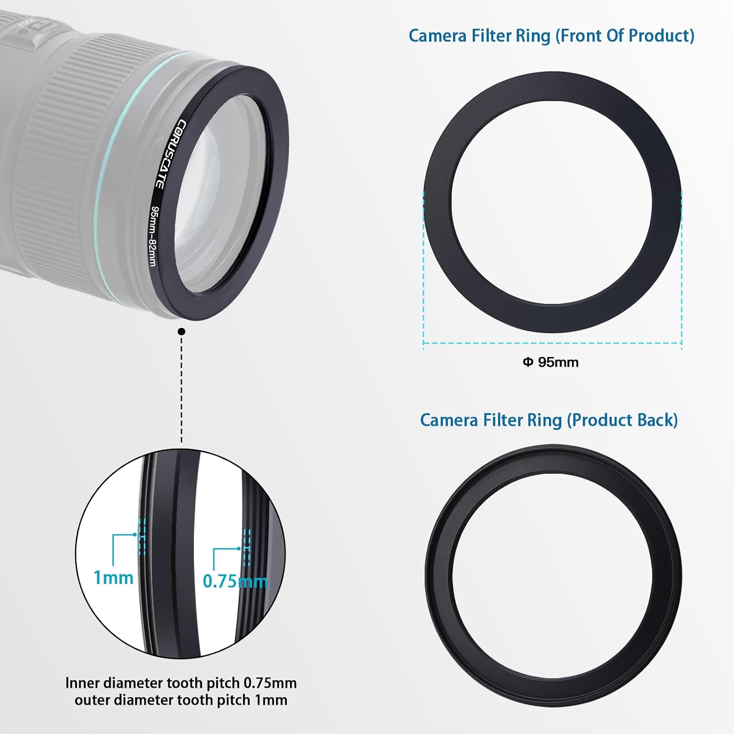 3Pcs 95-82mm/95-77mm/95-72mm Filter Ring Adapter,Metal Step Down Ring for All Brands Camera Accessory(for UV,CPL,ND,Threaded Lens Hood)
