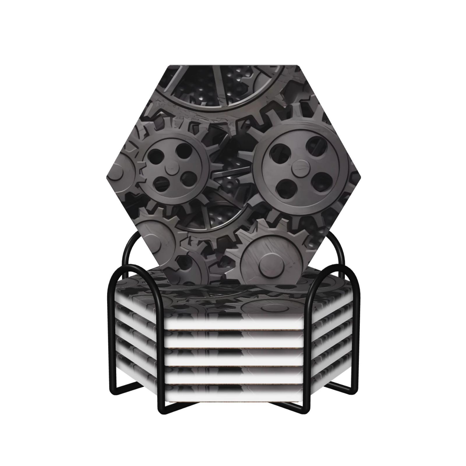 Dessous de verre en céramique style engrenages lot de 6 absorbants avec support pour table