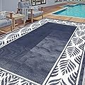 HUGEAR Outdoor Plastic Straw Rug, Waterproof Mat, Washable Large Floor Mat and Rug for Outdoors, RV, Beach, Patio, Camping, Backyard, Deck, Picnic,Indoor Outside (8x10ft,Olive-Leaf/Dark Blue&White)
