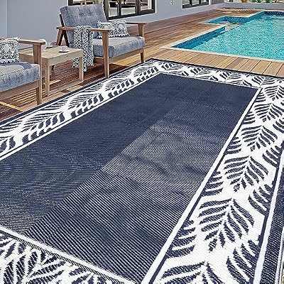 HUGEAR Outdoor Plastic Straw Rug, Waterproof Mat, Washable Large Floor Mat and Rug for Outdoors, RV, Beach, Patio, Camping, Backyard, Deck, Picnic,Indoor Outside (8x10ft,Olive-Leaf/Dark Blue&White)