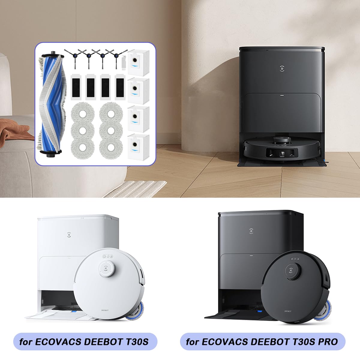 Accessori di Ricambio per ECOVACS DEEBOT T30S/ T30S PRO Aspirapolvere Robot, Kit con 1 Spazzola Principale, 4 HEPA Filtri, 6 Panni, 4 Sacchetti Polvere, 4 Spazzole Laterali