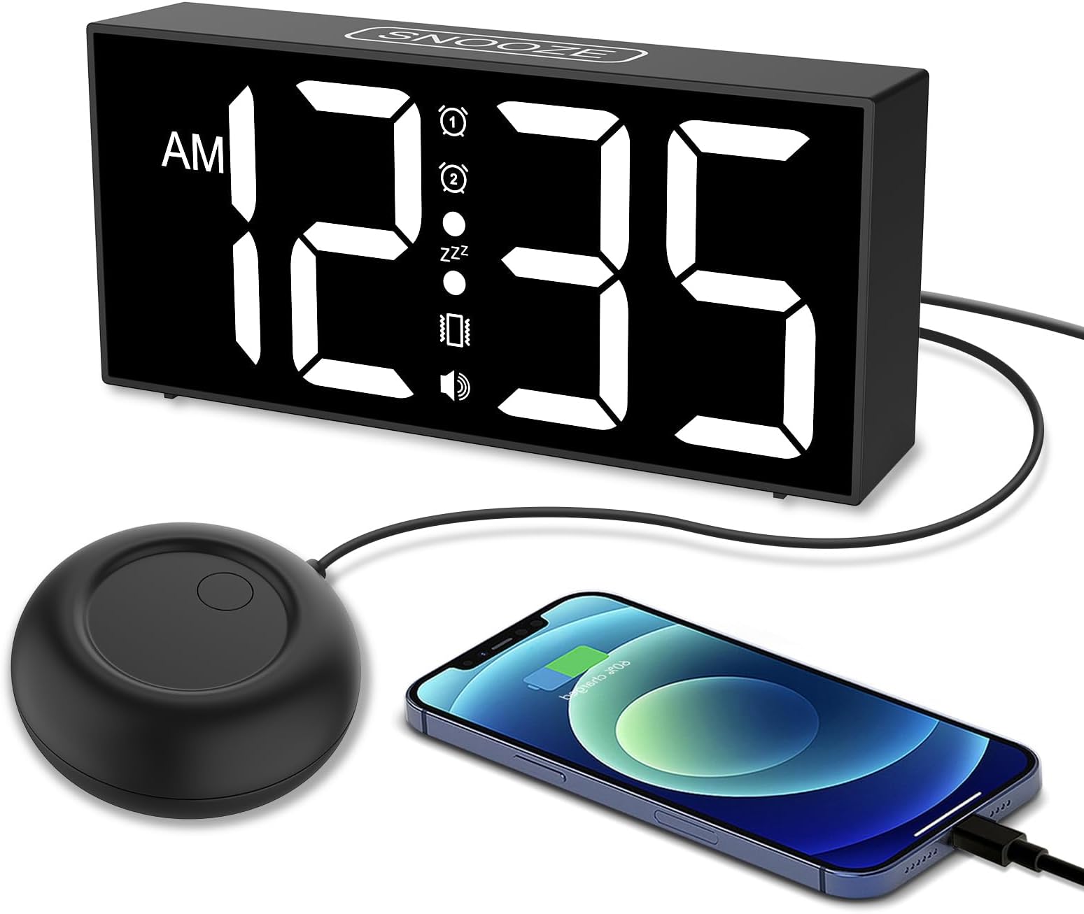 Netzu Vibrating Alarm Clock for Heavy Sleepers, Loud Alarm Clock with Bed Shaker, Large LED Display, Dual Alarm, 5 Dimmer, 4 Volumes, USB Charger, Clock Bedside for Hearing Impaired
