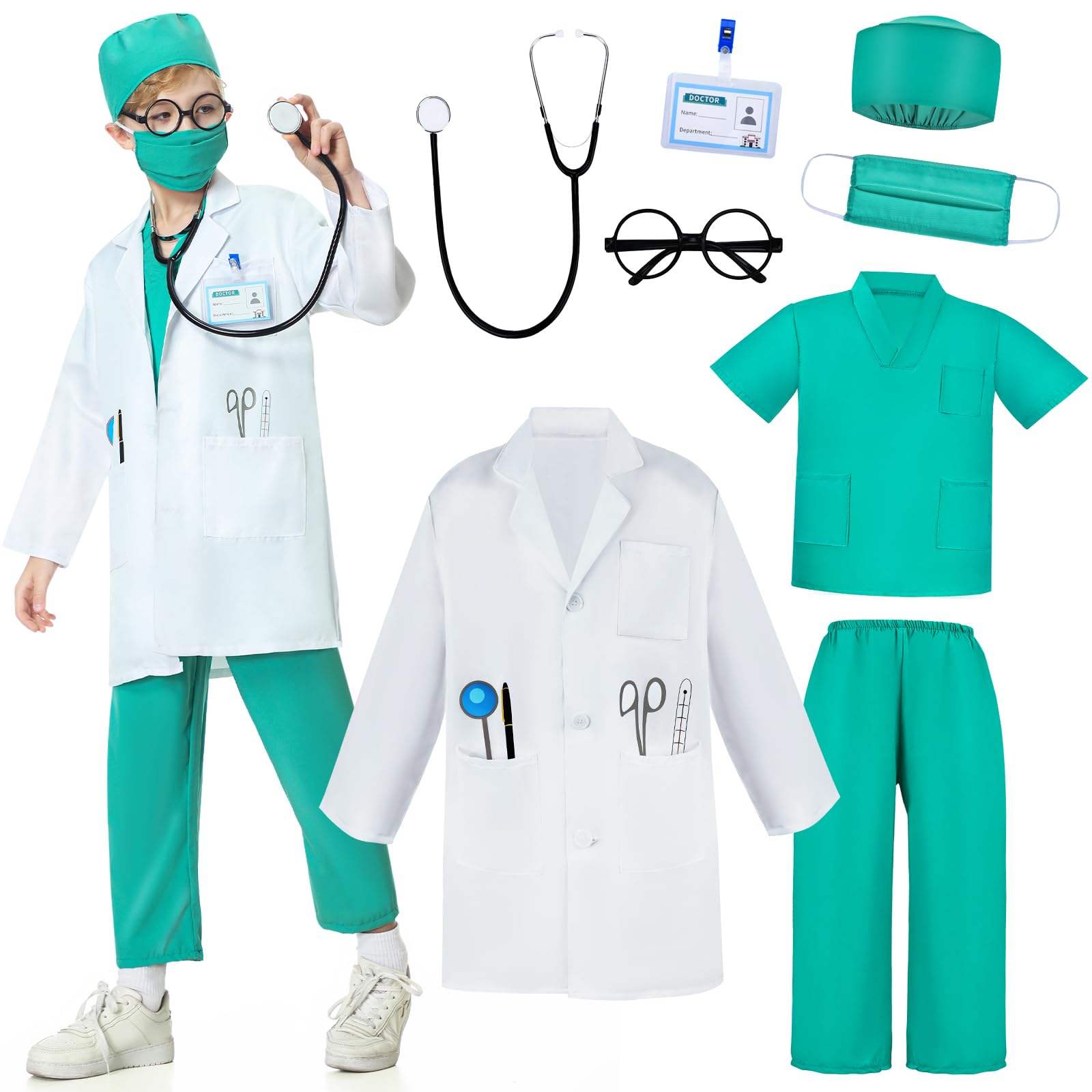 JONRRYIN Costume Dottore Bambino, Chirurgien Costume, 8 Pezzi Kit Dottore per Bambino, Dottore Costume con Stetoscopio, Kit Dottore Medico Gioco Dottore Costume Carnevale per Bambini