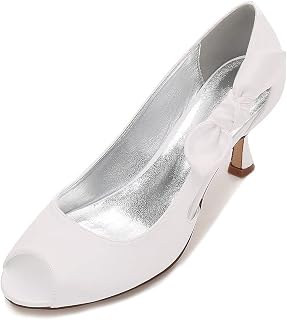 Ladies Bridal Court Shoe Mid Heel Open Toe Satin Evening Party Wedding Shoes with Bow