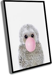 Wall Decor For Girls Bedroom,Baby Nursery Wall Art,Nursery Owl Print,Animal Blowing Bubble Gum,Baby Animal Art,Woodland Nursery,Kids Room Poster,Gift For Kids,12x16 Inch Framed Wall Art