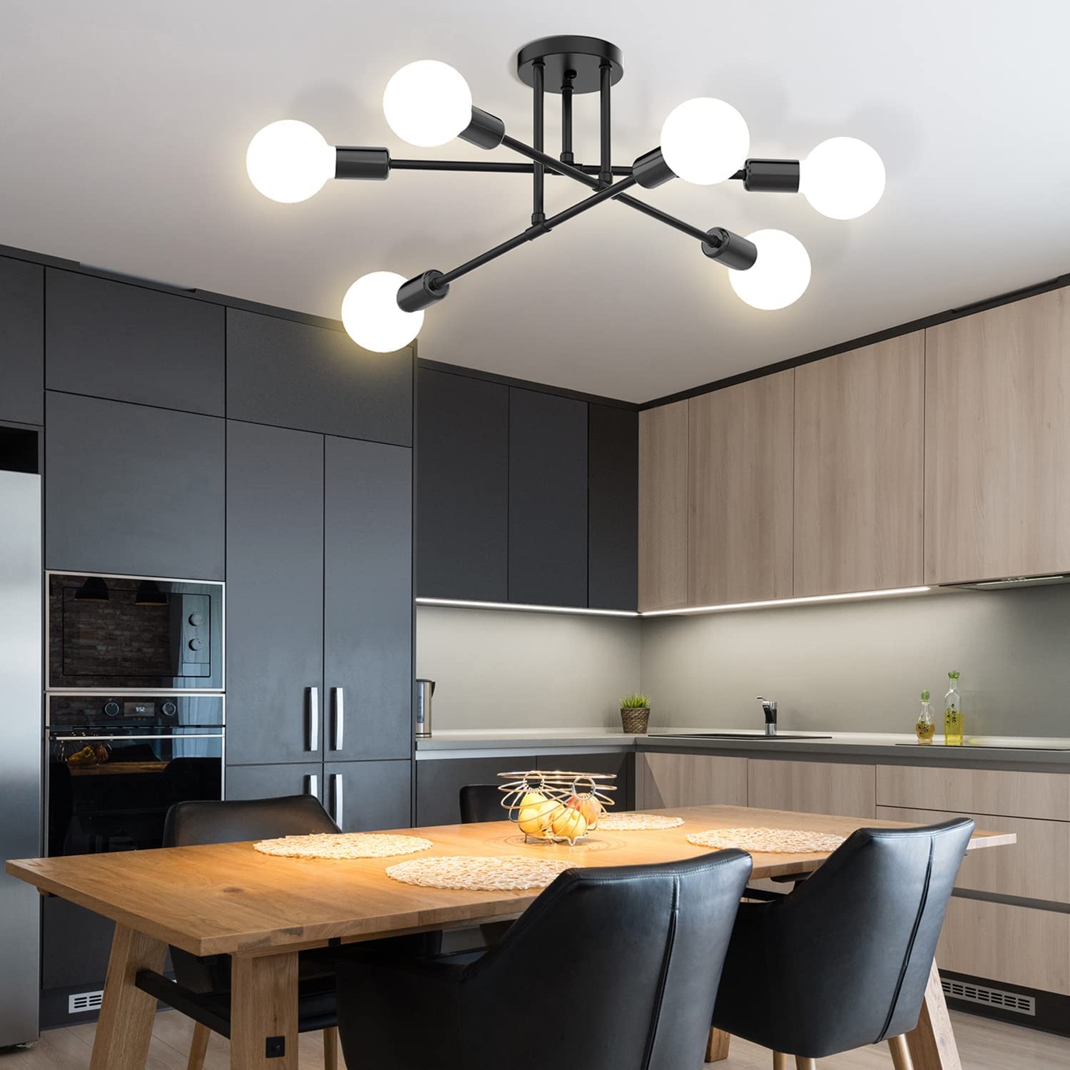 LIODOR 6-Light Long Black Modern Chandelier Ceiling Light, Industrial Metal Farmhouse Flush Mount Ceiling Lamp for Living Dining Room Bedroom (Bulb Not Included)-image-42