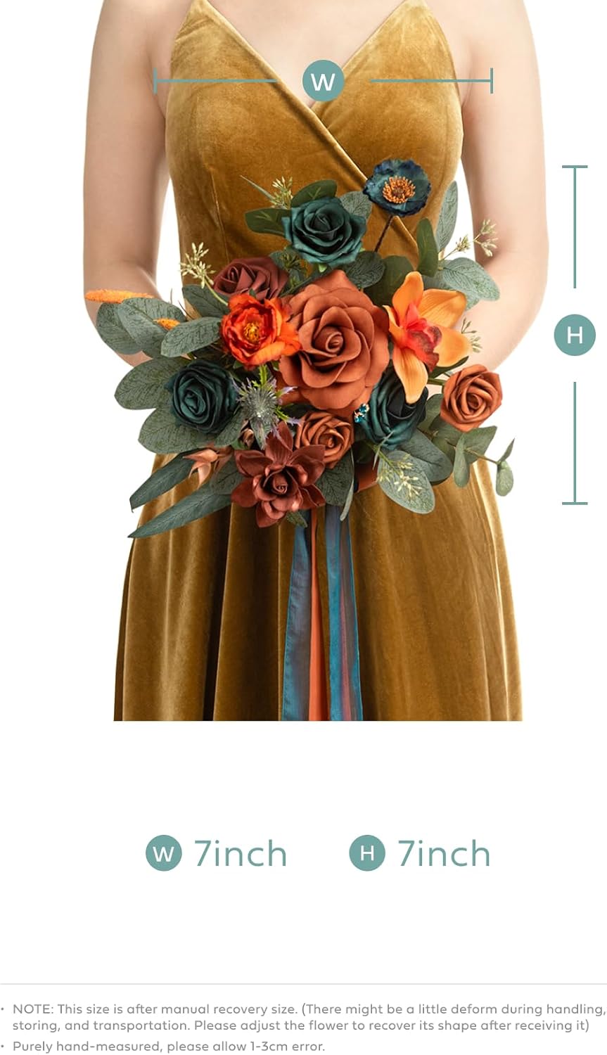Ling's moment Teal Blue Artificial Wedding Flower Bouquets for Bridesmaids Terracotta Floral Bouquet Burnt Orange Bridesmaid Bouquets with Ribbon Ceremony,7-inch Diameter - Image 5