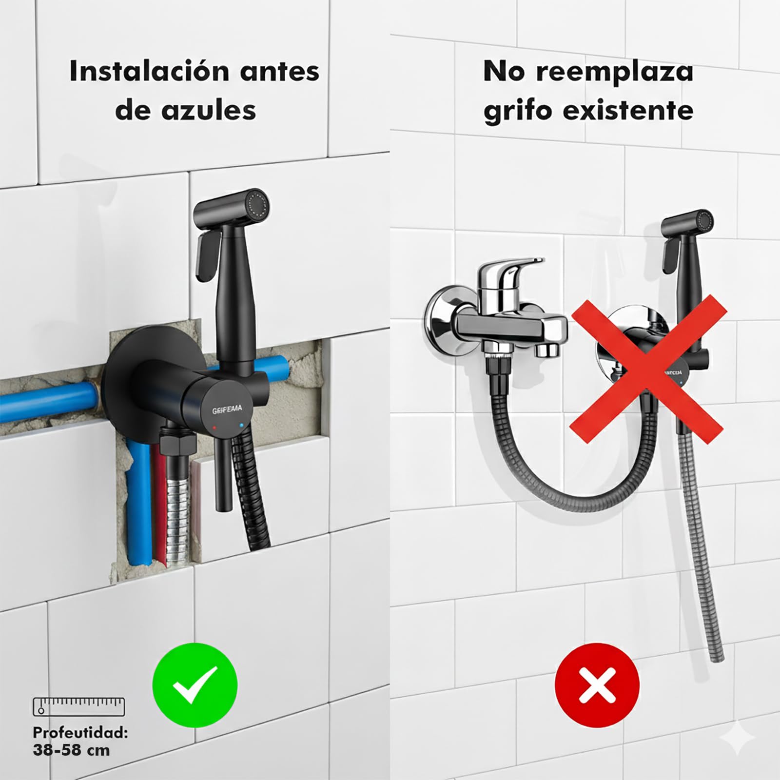 GRIFEMA G154B-1 Monomando Empotrar para Bidé WC, Agua Caliente y Fría, con Ducha Mano, Soporte y Manguera, Flexo 1.2 m, Grifo bidet negro