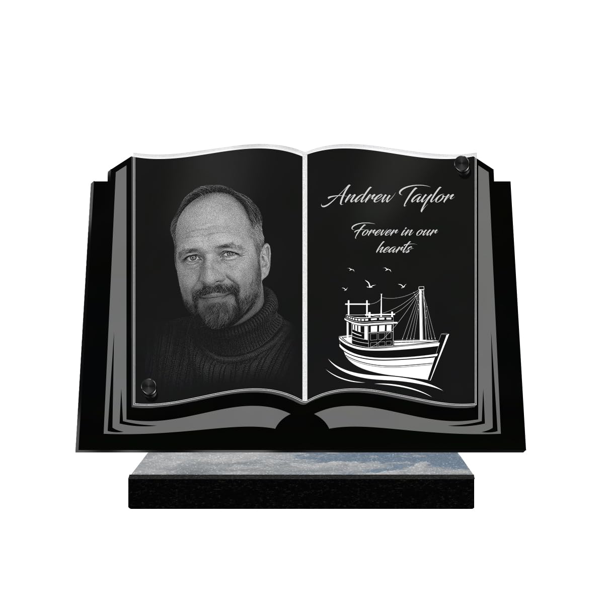 ETERNEL - Personalized Funeral Plaque Book Boat Customizable Photo and Text, laser-engraved funeral plaque for tribute, tombstone, mortuary, mourning, funerals