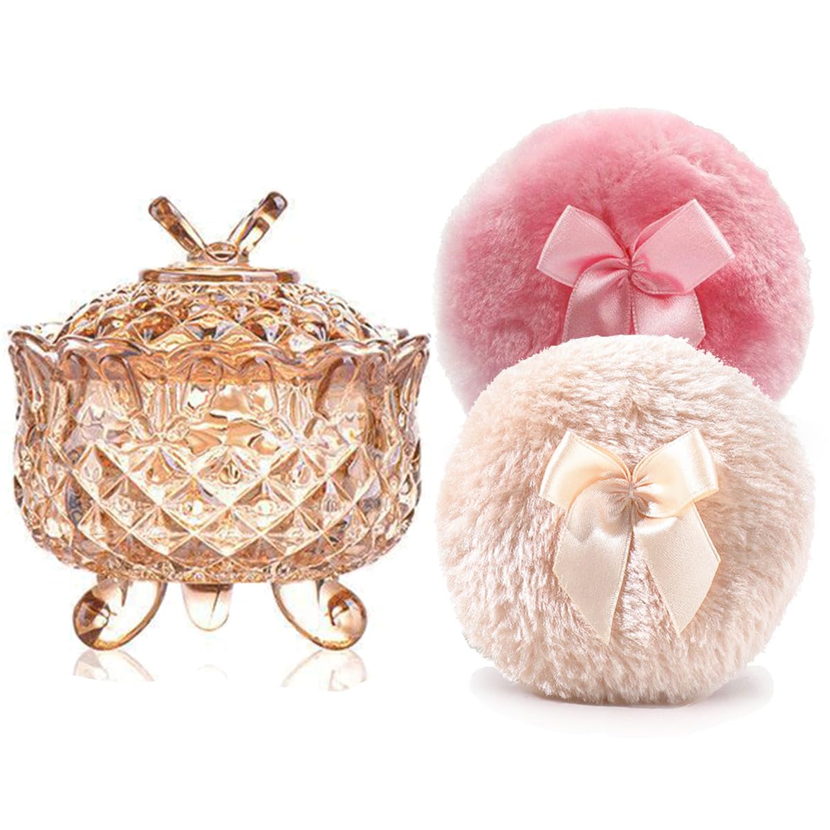 Luxury 4 Inch Glass Powder Container with 2 Soft 3.5" Puffs|Non-Sealed Refillable puff Jar| Loose Powder Storage(Butterfly-Amberl)