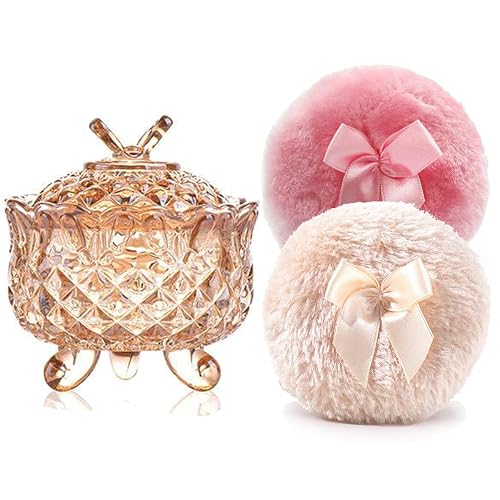 Luxury 4 Inch Glass Powder Container with 2 Soft 3.5" Puffs, puff Jar,Loose Powder Storage,Easter Gifts for Women(Butterfly-Amberl) - 1 Beige 1 Pink Bow Puffs with Butterfly-Amber