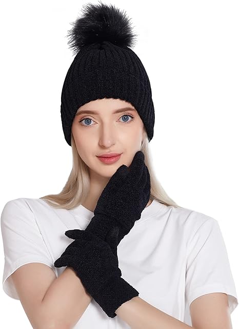 MAMUNU Winter Hats for Women, Winter Hats Gloves Sets for Women, Beanie Hats With Pom Pom, Warm Kint Hats and Touch Screen Gloves Set for Women Ladie Winter