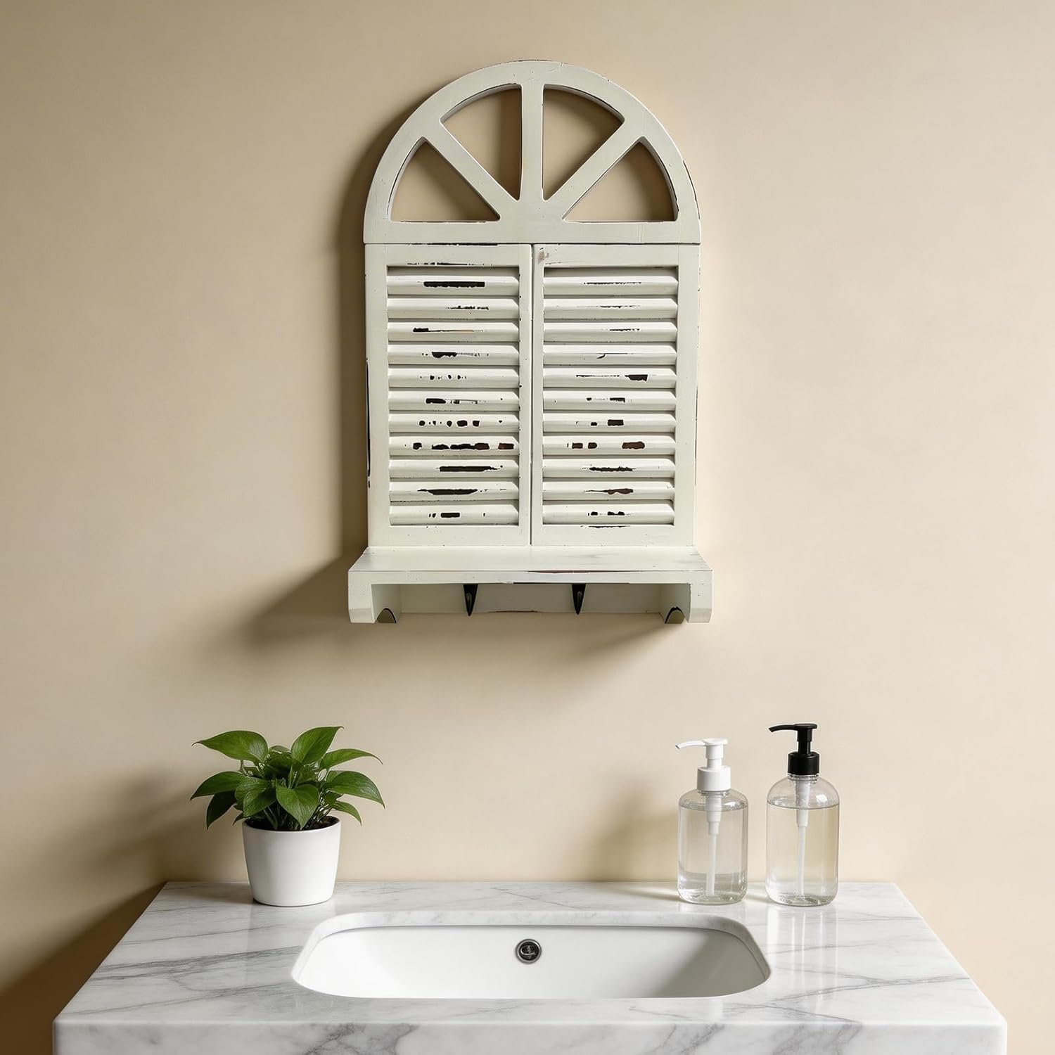 Rustic Arched Window Floating Shelf with 2 Key Hooks - Distressed White Farmhouse Wood Decor, Wall Mounted Storage Organizer for Entryway, Bathroom, Kitchen, Home Decor