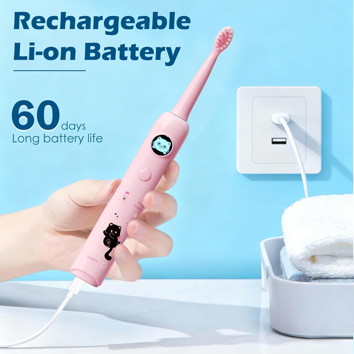 Kids Rechargeable Sonic Electric Toothbrush, 6 Soft Brush Heads, 5 Modes, Cartoon LED, IPX7 Waterproof, for Ages 2-12 (Pink)