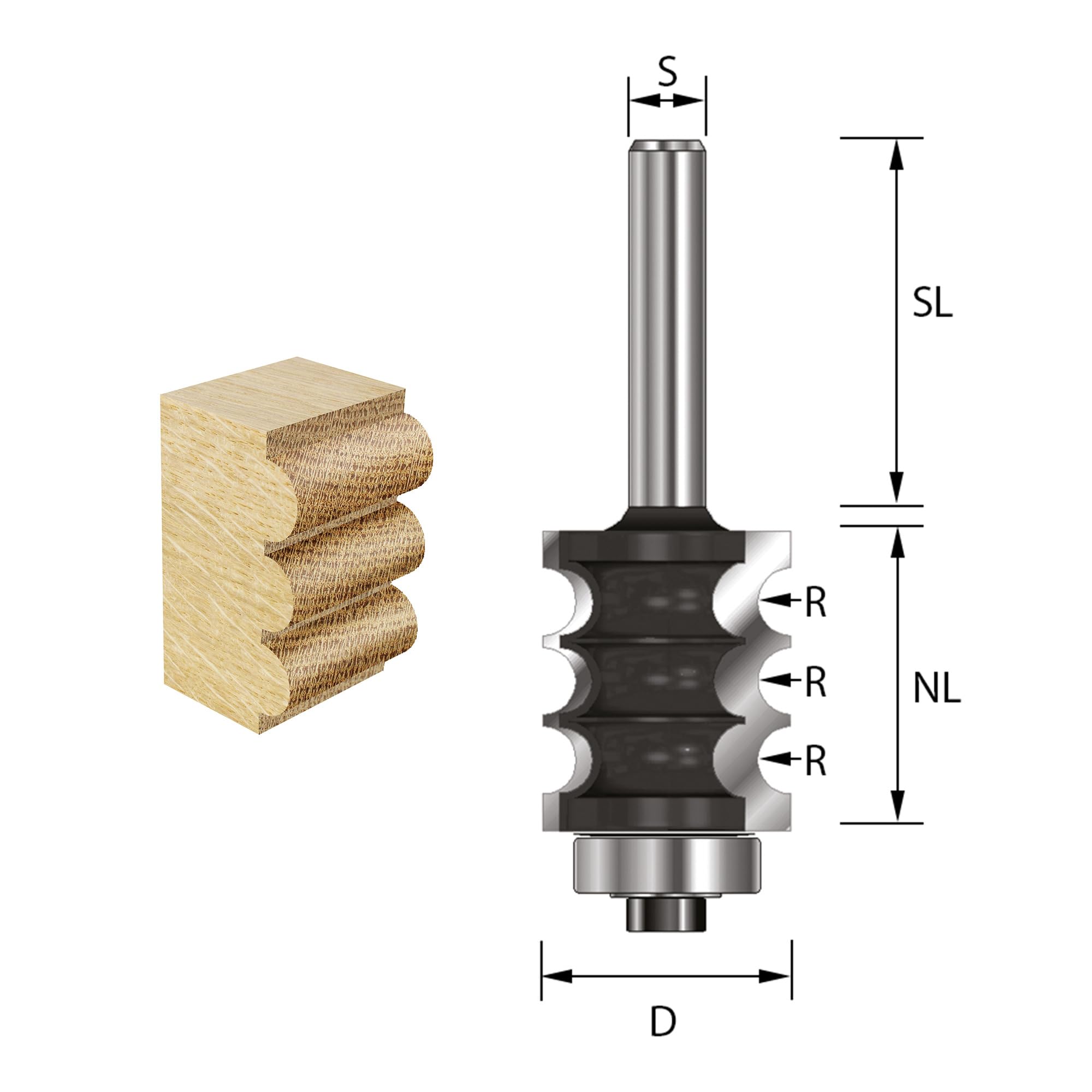 ENT 14850 Dekorativer Profilfräser HW, Schaft (S) 8 mm, Durchmesser (D) 22,2 mm, NL 25,4 mm, R 3,2 mm, SL 32 mm, mit Kugellager, konvex
