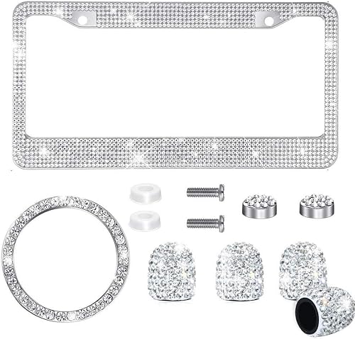 Juego de 6 accesorios de cristal brillante para automóvil, incluye marco de matrícula, emblema de anillo, tapas de vástago de válvula, tapas