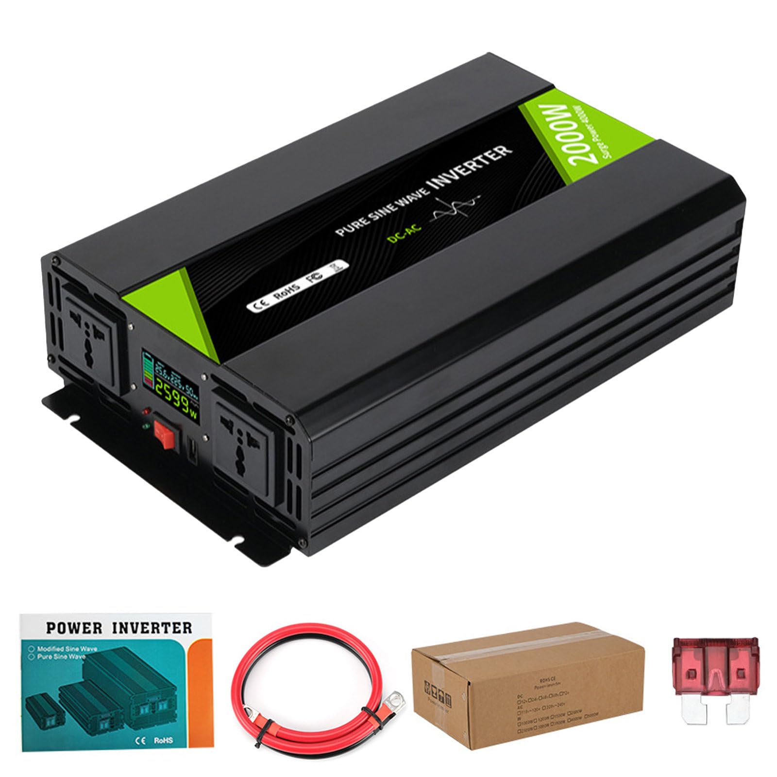 Convertisseur de Courant pour Voiture, DC 12 V/24 V/48 V vers AC 110 V/220 V, Adaptateur de Prise de Voiture pour Charger un Ordinateur Portable, Consoles et Plus Encore,2000W-DC24V-AC220V