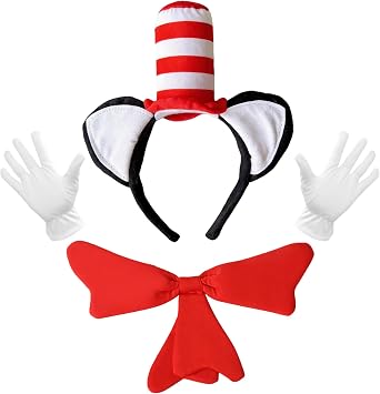Cat Ears with Hat Headband, Red and White Striped Hat and Bow Tie Set, Cat and Hat Costume Headwear Accessories for Women Men Halloween Party