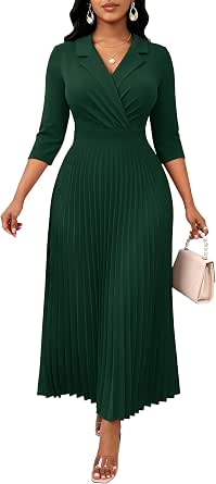 FANDEE Pleated Maxi Dress with Lapel Neck and Pockets