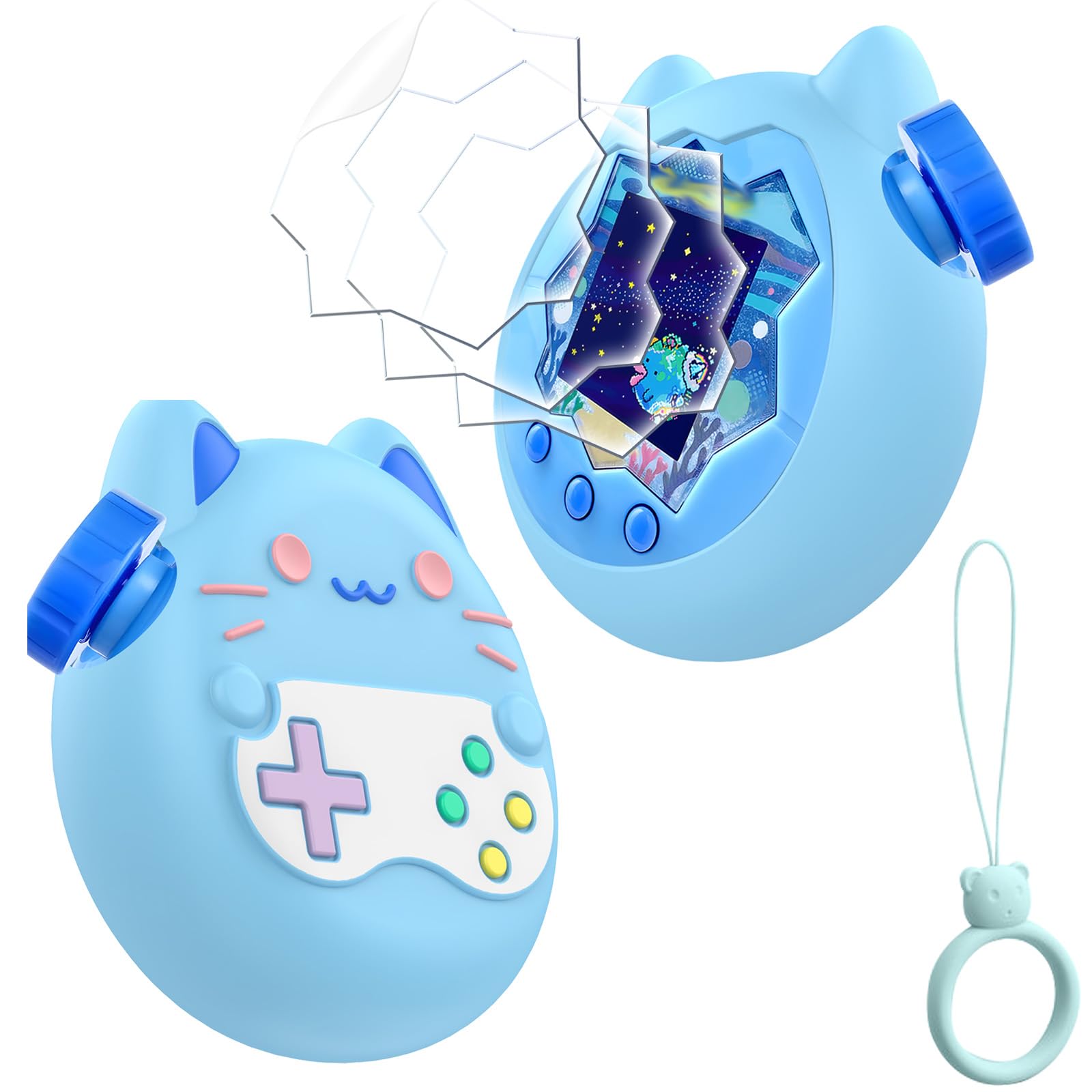 【保護ケース×1、保護フィルム×3，】Tamagotchi Paradise（たまごっちパラダイス）用 ケース シリコンカバー SpinoArmor 柔軟素材 衝撃吸収 擦り傷防止 耐衝撃 全面保護 落下防止 軽量 携帯便利 シンプルデザイン 手触り良好 汚れにくい 着脱簡単（ブルー）