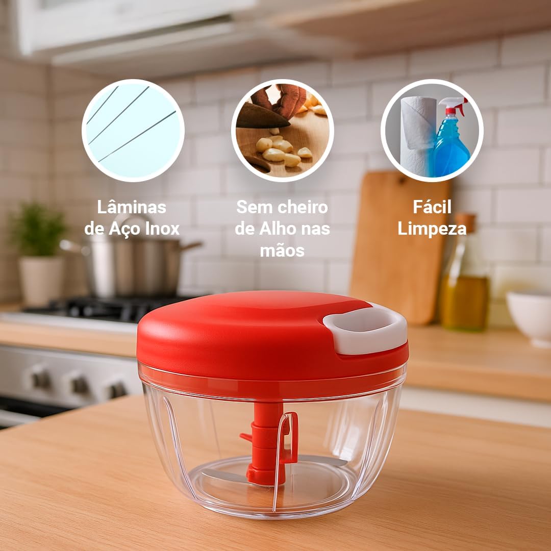 Miniprocessador Manual de Alimentos 3 Lâminas Inox – Tritura Cebola, Alho, Frutas, Ervas – Compacto e Portátil – Design Minimalista (Preto)