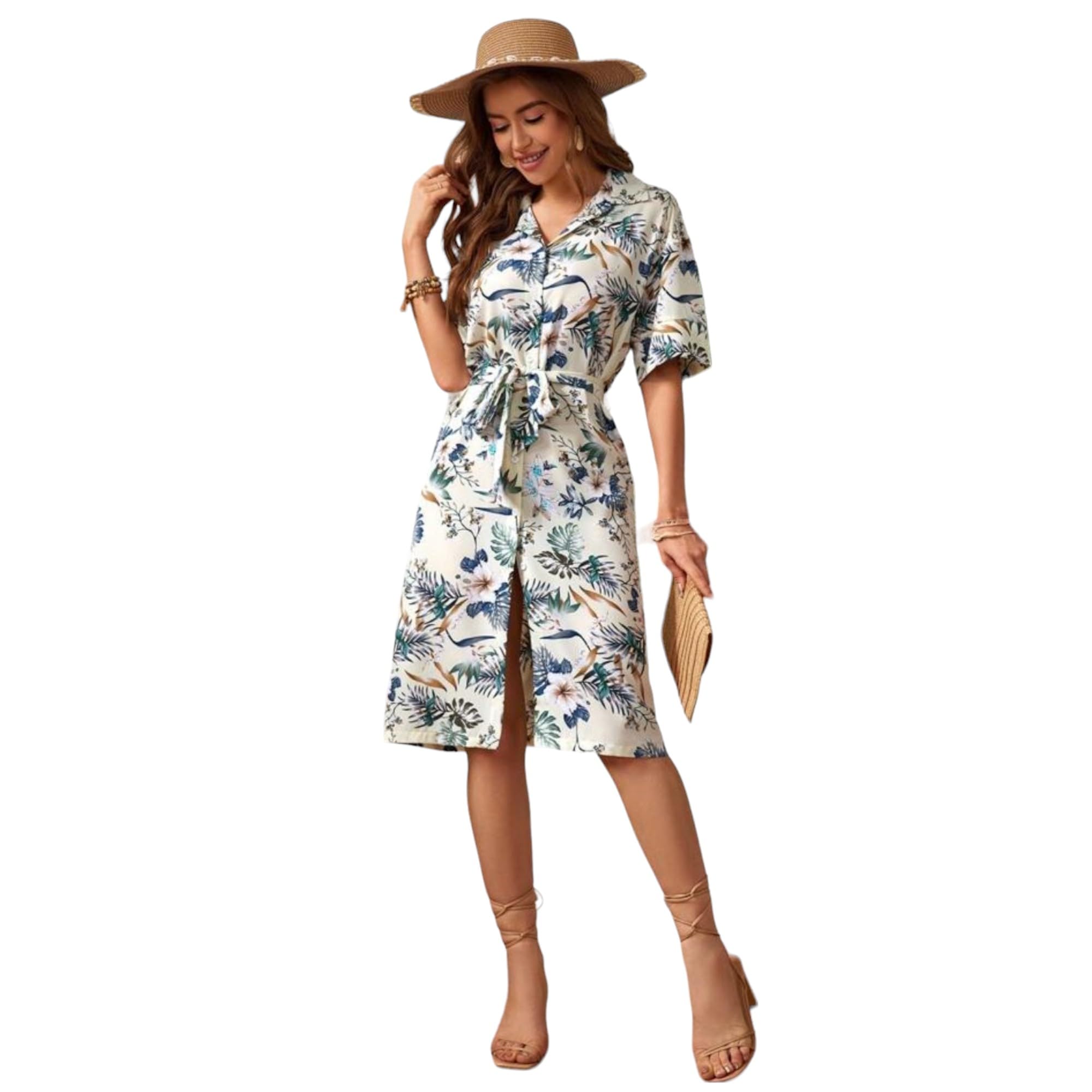 Gufrina Women's Rayon Midi Dress With Short Sleeves Floral Printed Collar Neck Knee Length Regular Fit And A Line Style White