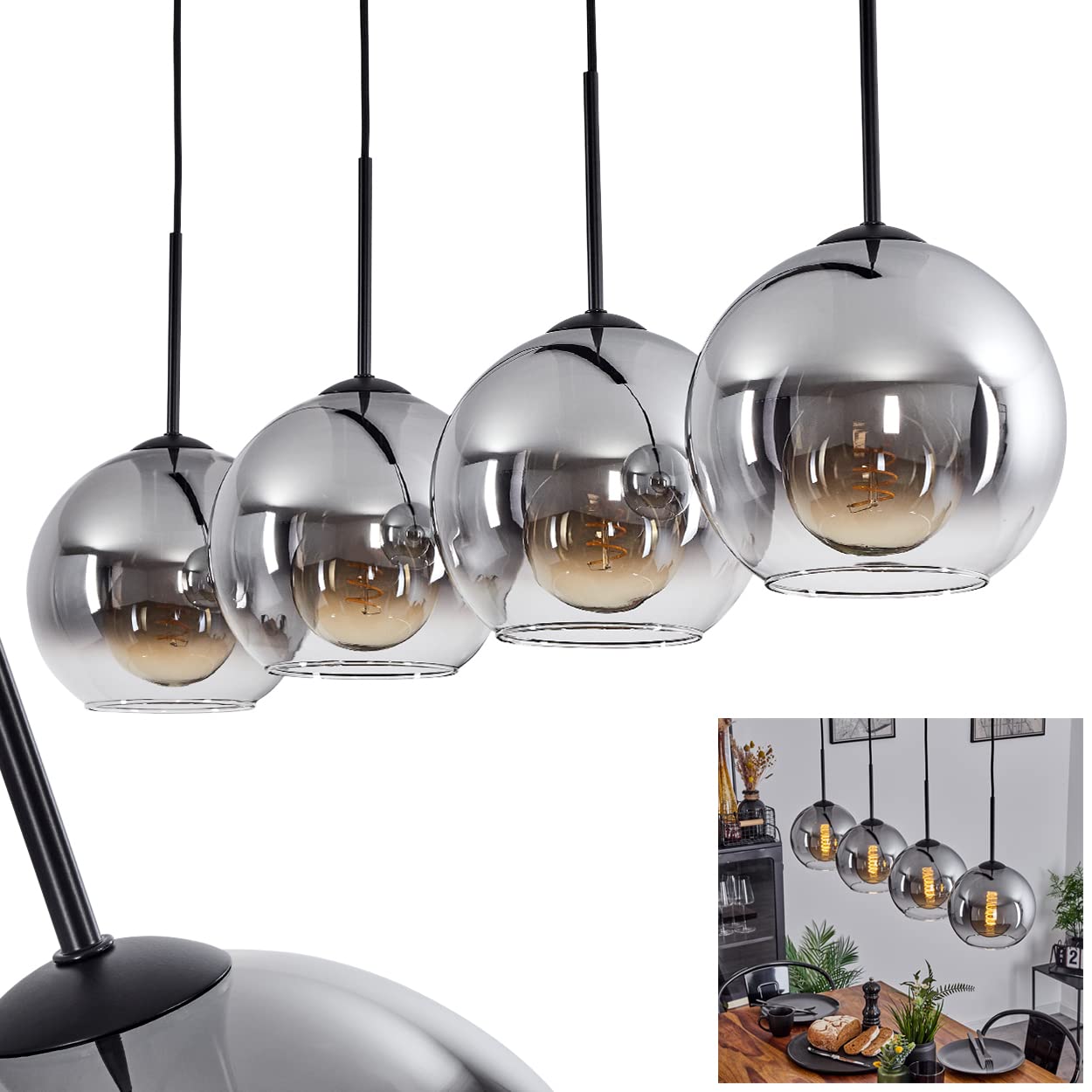 Koyoto Hanging lamp, Hanging lamp Made of Metal/Glass in Black/Smoke/Clear, 4-Flame lamp in Vintage/Retro Design with Glass lampshades (Ø 20 cm), max. Height 152.5 cm, 4 x E27, Bulbs not Included
