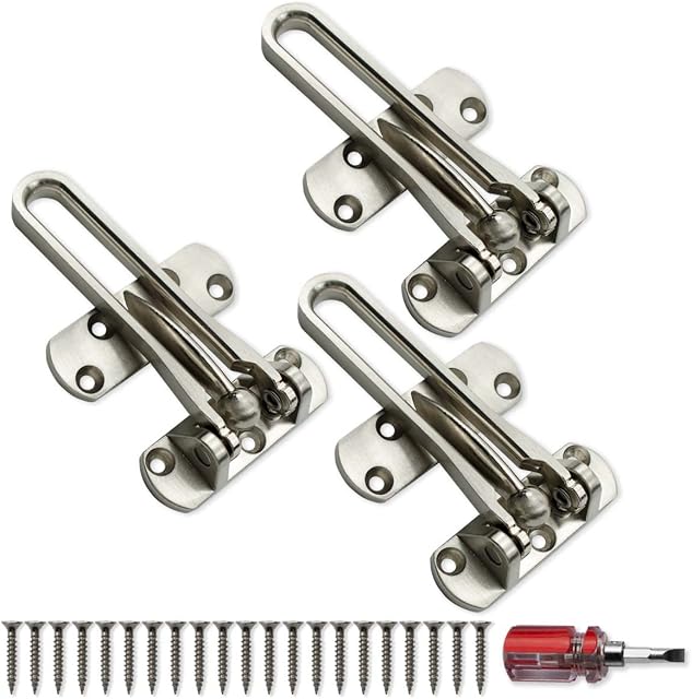 Bwintech Nickel Door Swing Bar Lock Door Guard Zinc Alloy,3 Packs(with Screw Driver)