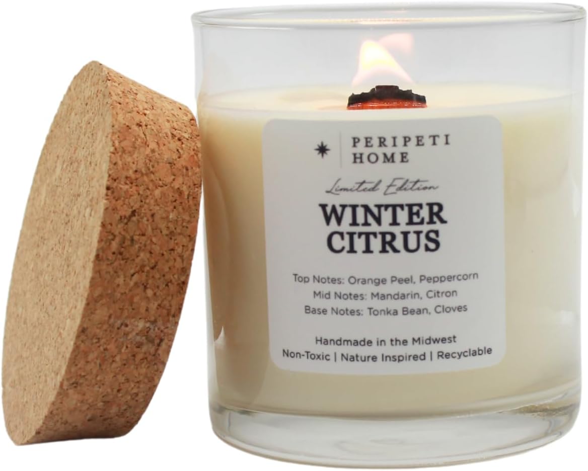 PERIPETI Home Winter Citrus Scented Candle, Classic Wick – 8.5oz Natural Soy Wax for Energizing Aromatherapy, Long-Lasting Burn