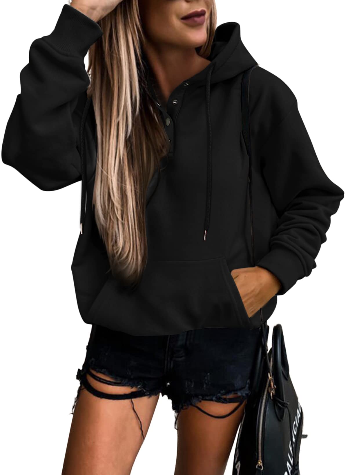 Photo 1 of ***USED***SHEWIN Women's Casual Hoodies Long Sleeve Solid Lightweight Pullover Tops Loose Sweatshirt with Pocket Button - Medium - Black